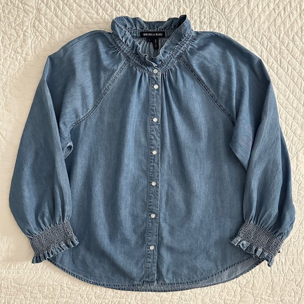 Veronica Beard Calisto Chambray Ruffle Collar Shirt Women’s Large - Picture 3 of 10